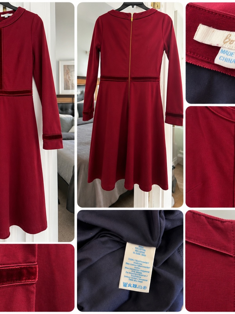 Boden Burgundy Velvet-Trim Fit & Flare Dress